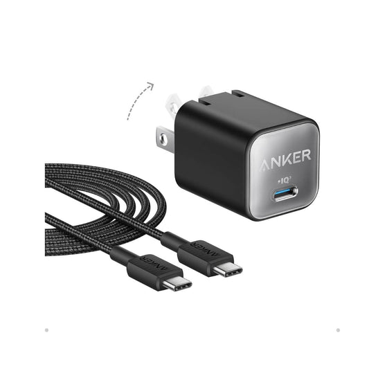 Anker Cargador tipo C 30W + cable tipo C-C carga rápida para iPhone 16/15/iPad/Samsung